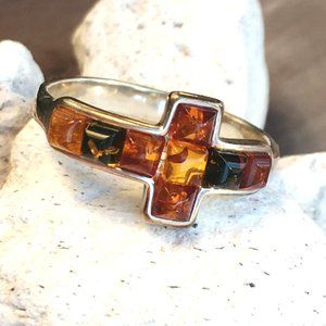 Baltic Amber Multicolor Cross Ring .925 Sterling Silver Genuine Gemstones